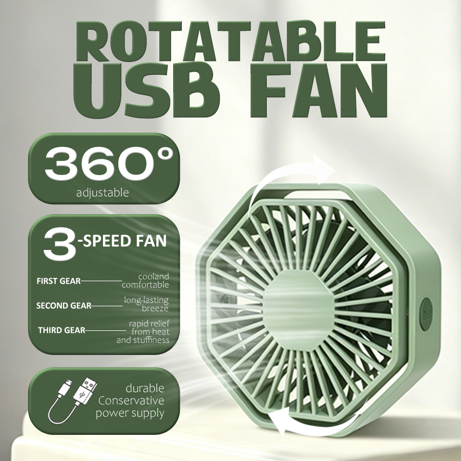 Usb Desk Fan - Sześciokątny wentylator biurkowy USB, 360 stopni